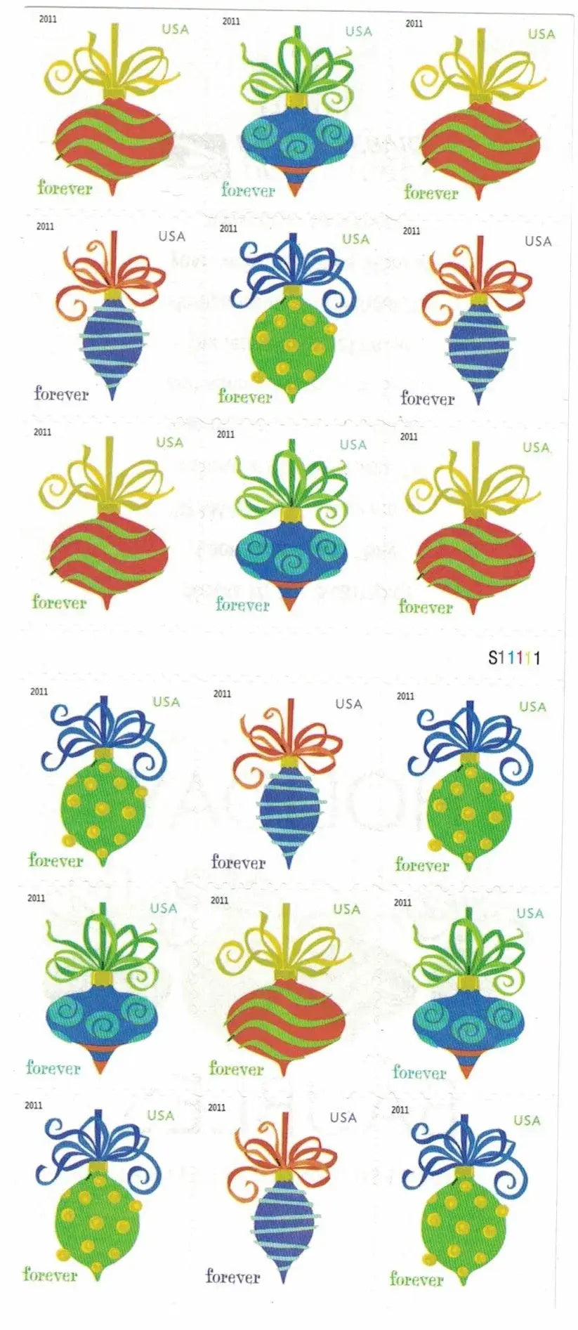 2011 US Holiday Baubles Forever Stamps Sheets of 20