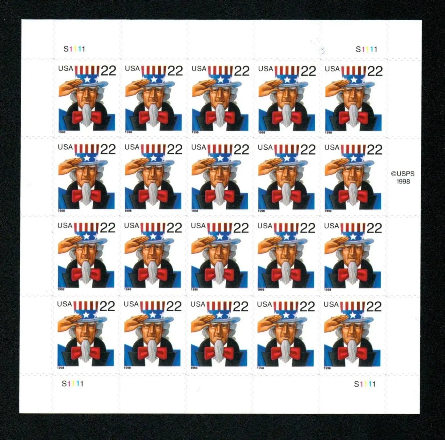 1998 US Uncle Sam Postage Stamps Sheets of 20