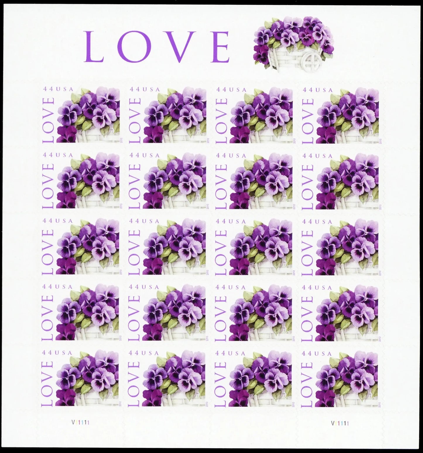 2010 USPS LOVE Pansies in a Basket Collectible Stamps Sheets of 20